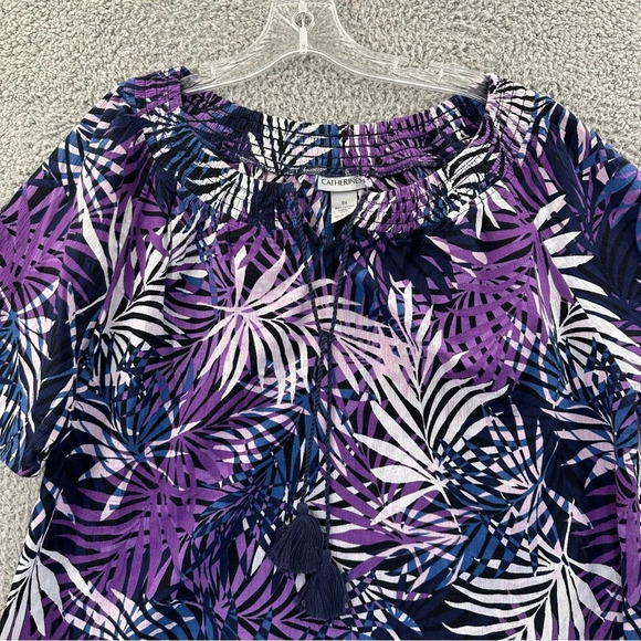 NWT Catherines Short Sleeve V Neck Tasseled Blouse Shirt 100% Cotton Palms 0X‎ - Picture 2 of 9